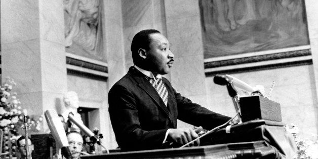 The Rev. Martin Luther King Jr., delivers his Nobel Peace Prize acceptance speech in the auditorium of Oslo University in Norway on Dec. 10, 1964. King, the youngest person to receive the Nobel Peace prize, is recognized for his leadership in the American civil rights movement and for advocating non violence. (AP Photo)