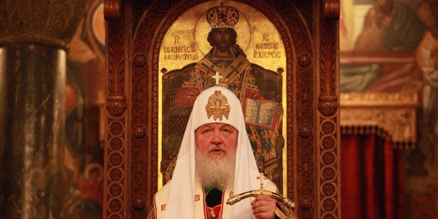 Russian Orthodox Patriarch Kiril attends a Liturgy at the church of Saint Dionysios Areopagitis in Athens, Saturday, June 1, 2013. Patriarch of Moscow and all Rus' Kirill I, is in Greece for a 7-day official visit. (AP Photo/Fosphotos, Menelaos Myrillas)