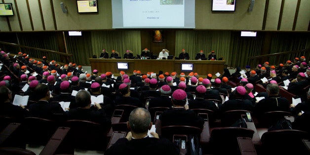 Bishops and Cardinals attend a morning session of a two-week synod on family issues at the Vatican, Monday, Oct. 13, 2014. (AP Photo/Gregorio Borgia)