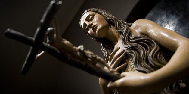 Piece of art on display for a press preview of 'The Sacred Made Real' at the National Gallery of Art in Washington, DC, February 23, 2010. 'Mary Magdalene meditating on the Crucifixion' by After Pedro de Mena from 1660s. AFP PHOTO/Jim WATSON (Photo credit should read JIM WATSON/AFP/Getty Images)