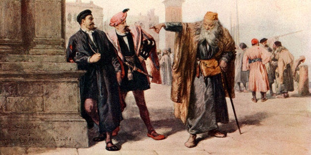 SHAKESPEARE - MERCHANT OF VENICE Act III. Scene I by John Gilbert, comedy, 'if you prick us do we not bleed' speech by Shylock describing the lack of difference in humanity between Jews and Christians. (Photo by Culture Club/Getty Images)