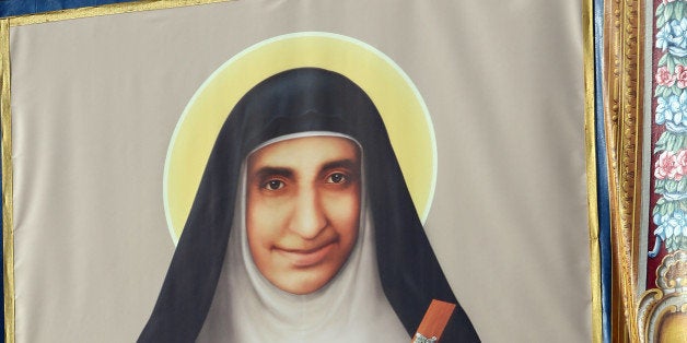 VATICAN CITY, VATICAN - NOVEMBER 23: Tapestry featuring the portrait of newly appointed Saint Mother Eufrasia Eluvathingal i