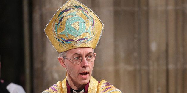 The Archbishop of Canterbury Most Reverend Justin Welby during a service inside Canterbury Cathedral for his enthronement in Canterbury, England, Thursday, March 21, 2013. (AP Photo/Phil Toscano, Pool)