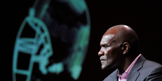 Former New York Giants linebacker Harry Carson looks on from the stage during a panel discussion on the Frontline documentary "League of Denial: The NFL's Concussion Crisis," during the PBS Summer 2013 TCA press tour at the Beverly Hilton Hotel on Tuesday, August 6, 2013 in Beverly Hills, Calif. (Photo by Chris Pizzello/Invision/AP)