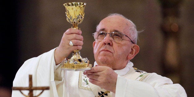 Pope Francis officiates a mass for clergy and religious at the Cathedral Basilica of the Immaculate Conception in Manila, Philippines on Friday, Jan. 16, 2015. (AP Photo/Aaron Favila)