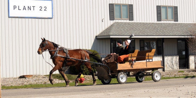 **ADVANCE FOR SUNDAY, MAY 10** In this April 17, 2009 photo, a buggy travels past a plant in Nappanee, Ind. The Amish, like everyone else in these troubled times, are struggling to make ends meet. The Amish settlement in northern Indiana is the third largest in the nation behind settlements in Ohio and Pennsylvania. The Indiana settlement sprawls across Elkhart and LaGrange counties, which both have unemployment rates of 18 percent. (AP Photo/Joe Raymond)