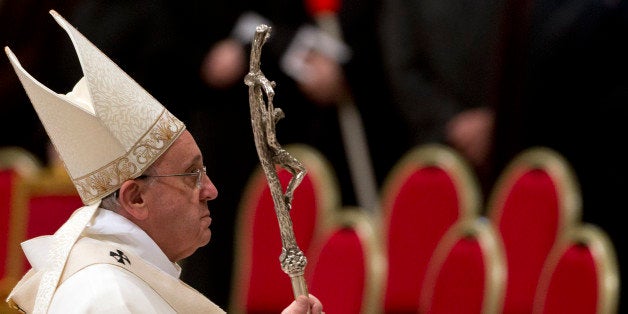 Pope Francis leaves after celebrating a Mass for priests and nuns on the occasion of the feast of the presentation of the Lord, in St. Peter's Basilica at the Vatican, Monday, Feb. 2, 2015. (AP Photo/Andrew Medichini)