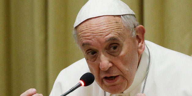 Pope Francis delivers his message during a meeting with faithful at the Vatican, Thursday, Feb. 5, 2015. (AP Photo/Gregorio Borgia)