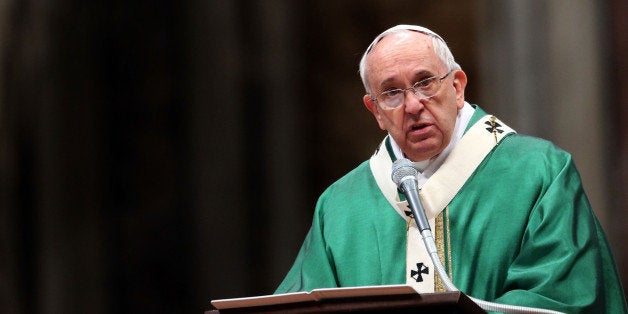 VATICAN CITY, VATICAN - FEBRUARY 15: Pope Francis holds his homily during a Mass with newly appointed cardinals at St. Peter's Basilica on February 15, 2015 in Vatican City, Vatican. A day after appointing twenty new cardinals from around the world, Pope Francis presided over Mass in St Peter's Basilica to offer thanks to God. (Photo by Franco Origlia/Getty Images)