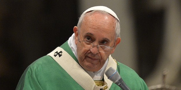 Pope Francis leads a mass on February 15, 2015 at St. Peter's basilica in Vatican. Pope Francis announced yesterday that he will elevate four women to sainthood in May, all nuns who lived in the 19th century and founded Catholic orders -- one French, one Italian and two Palestinians. The canonisation will take place on May 17, the pope announced at the end of a consistory, or a meeting of cardinals, at the Vatican. AFP PHOTO / ANDREAS SOLARO (Photo credit should read ANDREAS SOLARO/AFP/Getty Images)