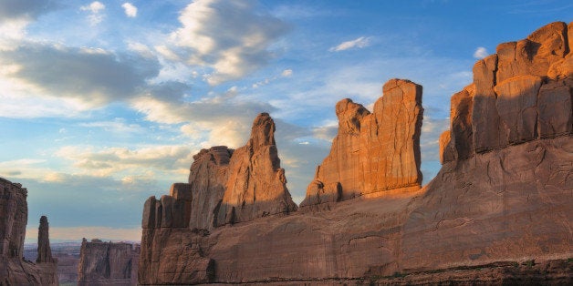 USA, Utah, Arches National Park, Eroded rock formations at sunrise