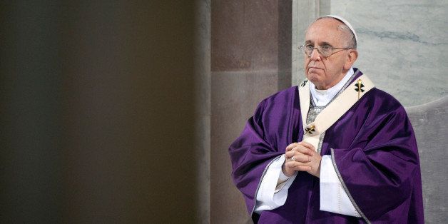 ROME, ITALY - FEBRUARY 18: Pope Francis celebrates the Ash Wednesday service at the Santa Sabina Basilica on February 18, 2015 in Rome, Italy. Ash Wednesday opens the liturgical 40 day period of Lent; encouraging prayer, fasting, penitence and alms giving, leading up to Easter. (Photo by Vatican Pool/Getty Images)