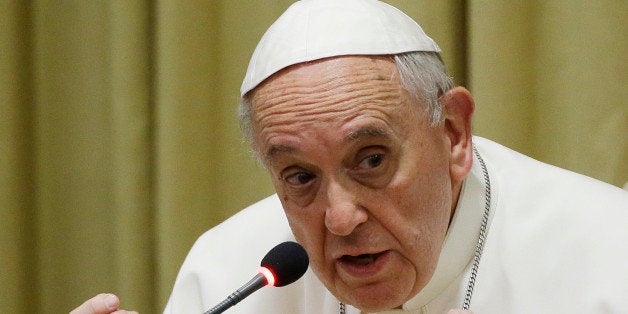 Pope Francis delivers his message during a meeting with faithful at the Vatican, Thursday, Feb. 5, 2015. (AP Photo/Gregorio Borgia)