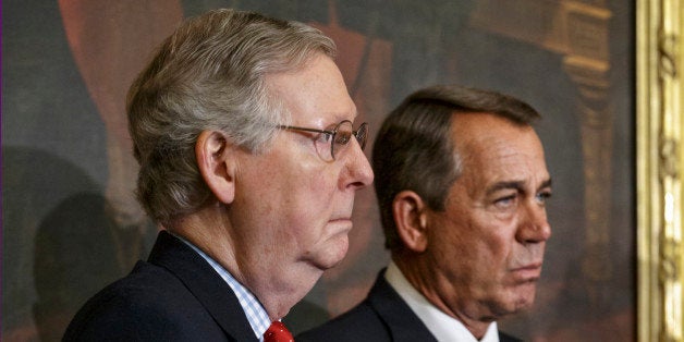 Senate Majority Leader Mitch McConnell of Ky., left, and House Speaker John Boehner of Ohio, stand together on Capitol Hill in Washington, Friday, Feb. 13, 2015, during a ceremony before the signing of the bill authorizing expansion of the Keystone XL pipeline. Though both houses of Congress are now controlled by Republicans, Boehner and McConnell are at a standstill over provisions attached to a Homeland Security spending bill aimed at blocking President Barack Obama's executive actions on immigration. (AP Photo/J. Scott Applewhite)