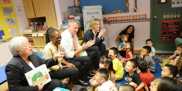 NEW YORK, NY - SEPTEMBER 4: New York Mayor Bill de Blasio (Center-R), along with schools Chancellor Carmen Farina (L), First Lady Chirlane McCray (Center-L), and Queens Borough President Melinda Katz (R), visits Pre-K classes at Home Sweet Home Children's School in Queens on the first day of NYC public schools, September 4, 2014 in the Queens borough of New York City. New York Mayor Bill de Blasio is touring universal pre-kindergarten programs throughout the city. (Photo by Susan Watts-Pool/Getty Images)