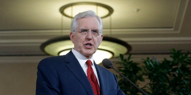 Elder D. Todd Christofferson of the Church's Quorum of the Twelve Apostles speaks during a news conference at the Conference Center, Tuesday, Jan. 27, 2015, in Salt Lake City. Mormon church leaders are making a national appeal for a "balanced approach" in the clash between gay rights and religious freedom. The church is promising to support some housing and job protections for gays and lesbians in exchange for legal protections for believers who object to the behavior of others. (AP Photo/Rick Bowmer)