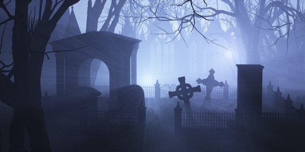 3D render depicting an overgrown neglected cemetery in misty twilight.