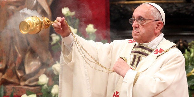 VATICAN CITY, VATICAN - APRIL 19: Pope Francis attends the Holy Saturday Easter vigil mass at St. Peter's Basilica on April 19, 2014 in Vatican City, Vatican. The Pope will lead Easter Sunday Mass celebrating the resurrection of Jesus tomorrow in St. Peter's Square. (Photo by Franco Origlia/Getty Images)