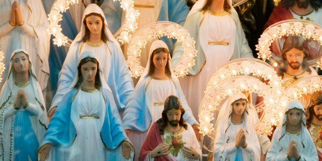 Virgin Mary and Jesus figurines on Italian display