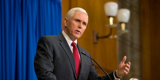 INDIANAPOLIS, IN - MARCH 31: Indiana Gov. Mike Pence speaks during a press conference March 31, 2015 at the Indiana State Library in Indianapolis, Indiana. Pence spoke about the state's controversial Religious Freedom Restoration Act which has been condemned by business leaders and Democrats. (Photo by Aaron P. Bernstein/Getty Images)