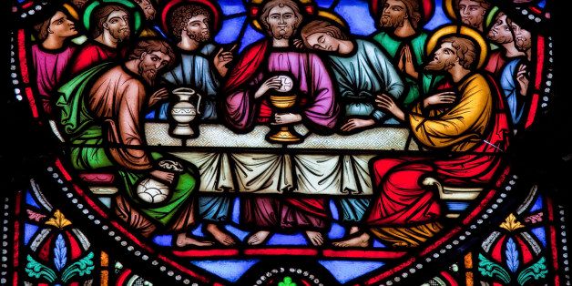 Jesus and the twelve apostles on maundy thursday at the Last Supper. This window is located in the cathedral of Brussels and was created in 1866, no property release is required.