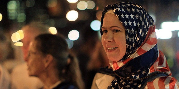 NEW YORK - SEPTEMBER 10: Patty Anton, an American who is a practicing Muslim, attends a rally in support of religious freedo