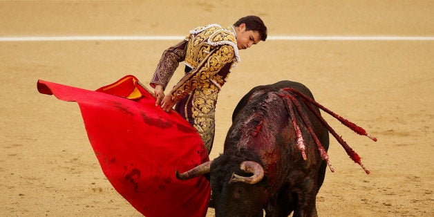 Spanish bullfighter Daniel Luque performs with an 'El Puerto de San Lorenzo' ranch fighting bull during a bullfight of the San Isidro fair in Madrid, Spain, Thursday, June 5, 2014. San Isidro's bullfighting fair is one of the most important in the world. Bullfighting is an ancient tradition in Spain. (AP Photo/Daniel Ochoa de Olza)