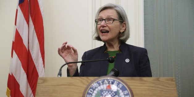 WASHINGTON, DC - MARCH 05: NETWORK Executive Director Sister Simone Campbell urges members of Congress to support rising the minimum wage to $10.10 an hour during a news conference at the U.S. Capitol March 5, 2014 in Washington, DC. Citing that nearly two-thirds of those who earn the minimum wage or less are women, the news conference participants urged Congress to pass the Minimum Wage Fairness Act. (Photo by Chip Somodevilla/Getty Images)