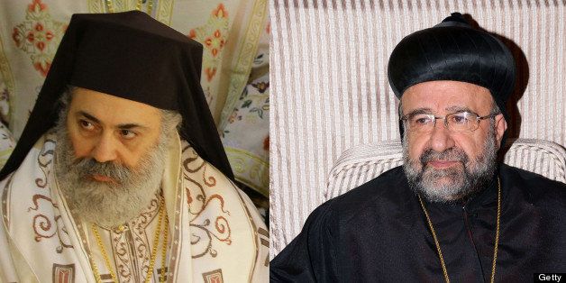 (FILES) -- A combo of file pictures shows Syrian Bishop Boulos Yaziji (L), head of the Greek Orthodox church in Aleppo, taken on February 10, 2013 in Damascus, and a handout picture released by the Syrian Arab News Agency (SANA) on April 23, 2013, of Bishop Yuhanna Ibrahim (R), head of the Syriac Orthodox Church in Aleppo, on December 25, 2012. An association of Middle Eastern Christians said on April 23, 2013, that the two Orthodox bishops, Bishop Yuhanna and Bishop Boulos, who were reportedly kidnapped by rebels in northern Syria on April 22, 2013, have been released, in a statement citing Syrian sources. AFP PHOTO/LOUAI BESHARA and AFP PHOTO/SANA/HO == RESTRICTED TO EDITORIAL USE - MANDATORY CREDIT 'AFP PHOTO / HO / SANA' - NO MARKETING NO ADVERTISING CAMPAIGNS - DISTRIBUTED AS A SERVICE TO CLIENTS == (Photo credit should read LOUAI BESHARA/AFP/Getty Images)