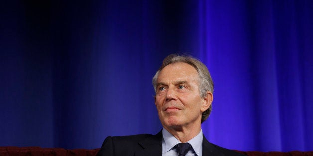 Former British Prime Minister Tony Blair listens to his introduction before he speaks at Lafayette College on Monday, April 8