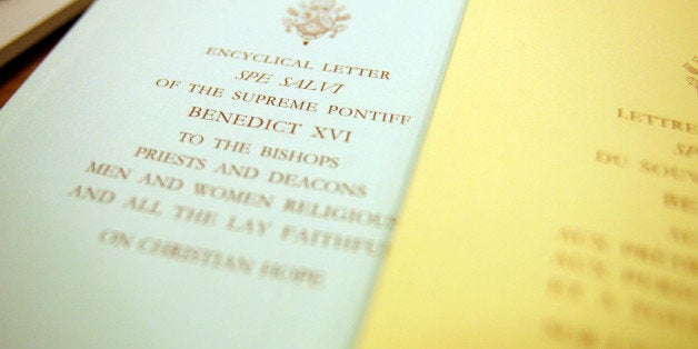 A view of the text of the "Spe Salvi" (Saved by Hope) encyclical letter, signed by Pope Benedict XVI at the Vatican, Friday Nov. 30, 2007. Benedict XVI strongly criticized modern-day atheism in the major document released Friday, saying it had led to some of the "greatest forms of cruelty and violations of justice'' ever known to mankind. (AP Photo/Alessandra Tarantino)