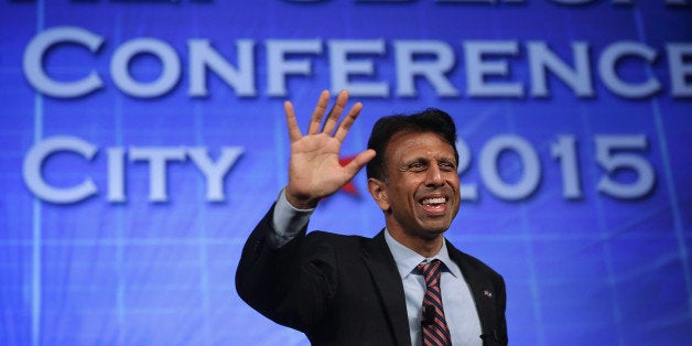 OKLAHOMA CITY, OK - MAY 22: Louisiana Governor Bobby Jindal waves during the 2015 Southern Republican Leadership Conference May 22, 2015 in Oklahoma City, Oklahoma. About a dozen possible presidential candidates will join the conference and lobby for supports from Republican voters. (Photo by Alex Wong/Getty Images)