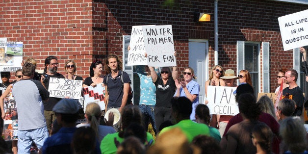BLOOMINGTON, MN - JULY 29: Protesters condemn the alleged poaching of Cecil the lion in the parking lot of hunter Dr. Walter