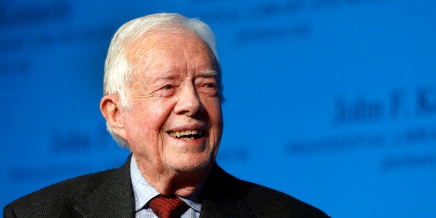 Former President Jimmy Carter speaks during a forum at the John F. Kennedy Presidential Library and Museum in Boston, Thursday, Nov. 20, 2014. Among other topics, Carter discussed his new book, "A Call to Action: Women, Religion, Violence, and Power." (AP Photo/Elise Amendola)