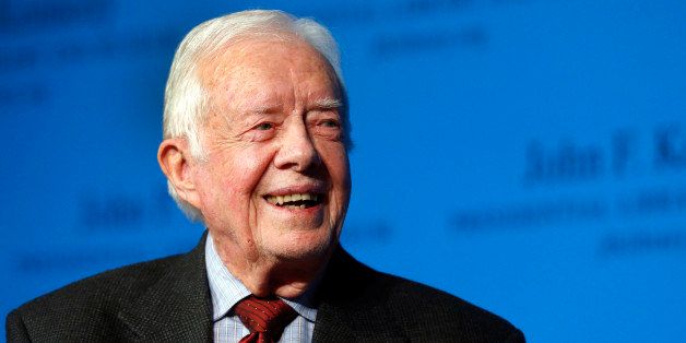 Former President Jimmy Carter speaks during a forum at the John F. Kennedy Presidential Library and Museum in Boston, Thursday, Nov. 20, 2014. Among other topics, Carter discussed his new book, "A Call to Action: Women, Religion, Violence, and Power." (AP Photo/Elise Amendola)
