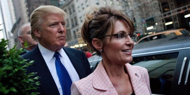 NEW YORK, NY - MAY 31: Former U.S. Vice presidential candidate and Alaska Governor Sarah Palin (R), and Donald Trump walk to