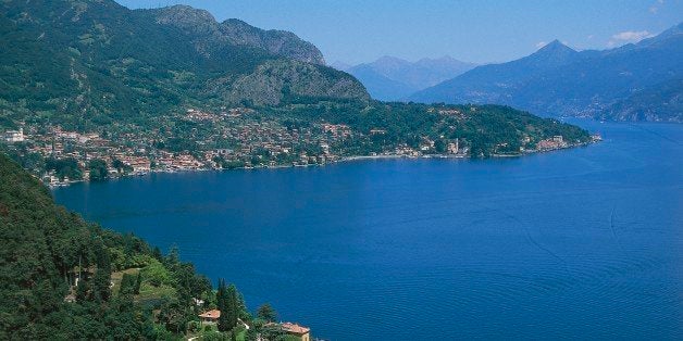 ITALY - APRIL 28: Aerial view of Lake Como or Lake Lario, near Lenno, with Villa del Balbaniello at the bottom, 18th century,