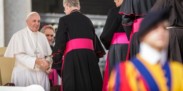 VATICAN CITY, VATICAN - 2015/10/07: Pope Francis greets bishops during his weekly General Audience in St. Peters Square in Vatican City. The first of three Wednesday Audiences scheduled to take place during the course of the XIV Ordinary Assembly of the Synod of Bishops, dedicated to reflecting on the family in the life of the Church and of society. (Photo by Giuseppe Ciccia/Pacific Press/LightRocket via Getty Images)