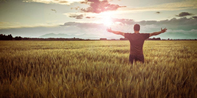 Man standing in a wheat field contemplating the sunset.