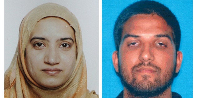 This undated combination of photos provided by the FBI, left, and the California Department of Motor Vehicles shows Tashfeen
