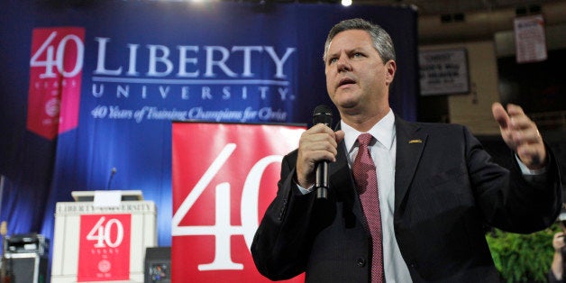 Chancellor of Liberty University, Jerry Falwell Jr., gestures at Liberty University in Lynchburg, Va., Wednesday, Sept. 28, 2011. (AP Photo/Steve Helber)