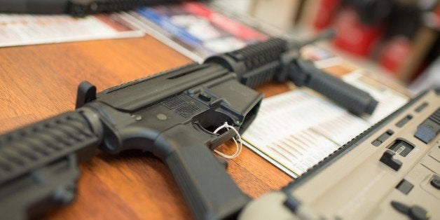 Guns are on display at Roseburg Gun Shop in Roseburg, Oregon, on October 2, 2015. Ten people were confirmed dead after a lone