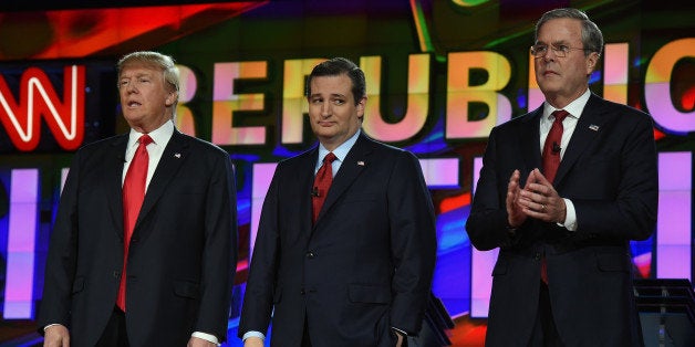 LAS VEGAS, NV - DECEMBER 15: Republican presidential candidates (L-R) Donald Trump, Sen. Ted Cruz and Jeb Bush stand on stage during the CNN presidential debate at The Venetian Las Vegas on December 15, 2015 in Las Vegas, Nevada. Thirteen Republican presidential candidates are participating in the fifth set of Republican presidential debates. (Photo by Ethan Miller/Getty Images)