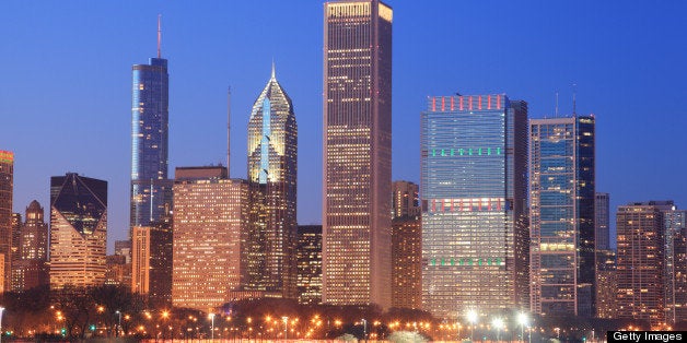 Downtown Chicago with skyscrapers including (from left) Trump International Tower, Two Prudential Tower, AON Centre, Blue Cro