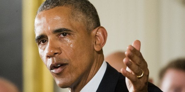 With a tear running from his eye, President Barack Obama recalls the 20 first-graders killed in 2012 at Sandy Hook Elementary School, while speaking in the East Room of the White House in Washington, Tuesday, Jan. 5, 2016, about steps his administration is taking to reduce gun violence. (AP Photo/Pablo Martinez Monsivais)