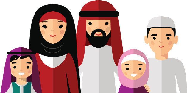 Traditional muslim family with children and maturity. Set of vector illustration arab family in national clothes.