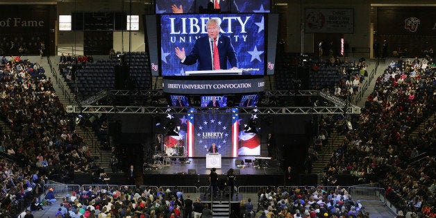 LYNCHBURG, VA - JANUARY 18: Republican presidential candidate Donald Trump delivers the convocation at the Vines Center on the campus of Liberty University January 18, 2016 in Lynchburg, Virginia. A billionaire real estate mogul and reality television personality, Trump addressed students and guests at the non-profit, private Christian university that was founded in 1971 by evangelical Southern Baptist televangelist Jerry Falwell. (Photo by Chip Somodevilla/Getty Images)