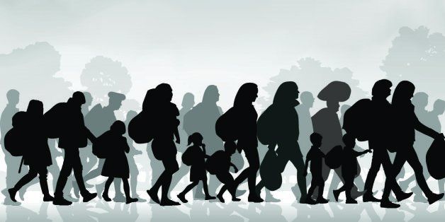 Silhouettes of refugees people searching new homes or life due to persecution. Vector illustration