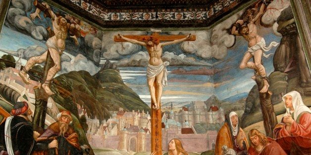 ITALY - DECEMBER 24: The Crucifixion (16th century), fresco by a master of the Lombard school, Church of St Sebastian (16th century), Biella, Piedmont, Italy. Detail. (Photo by DeAgostini/Getty Images)