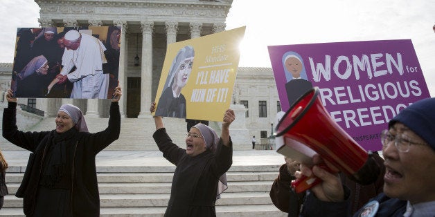 Nuns, who are opposed to the Affordable Care Act's contraception mandate, rally outside of the Supreme Court in Washington, D.C., U.S., on Wednesday, March 23, 2016. On Wednesday morning, the Supreme Court is scheduled to hear oral arguments in Zubik v. Burwell, a consolidated case brought by religious groups challenging a process for opting out of the Affordable Care Act's contraception mandate. Photographer: Drew Angerer/Bloomberg via Getty Images